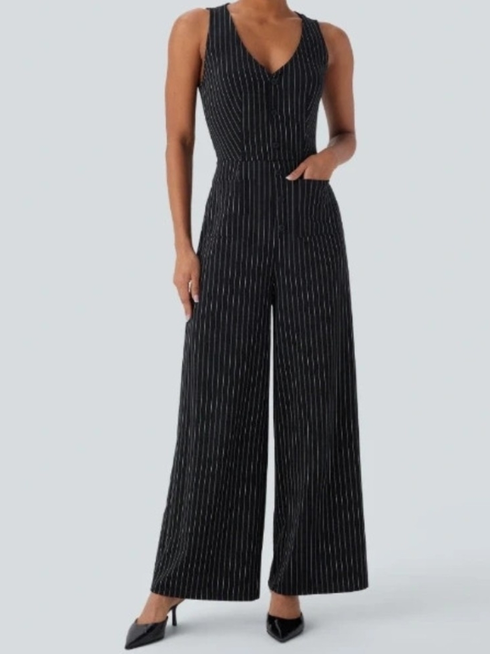 Halara Sleeveless Black Pinstripe Wide-Leg Jumpsuit